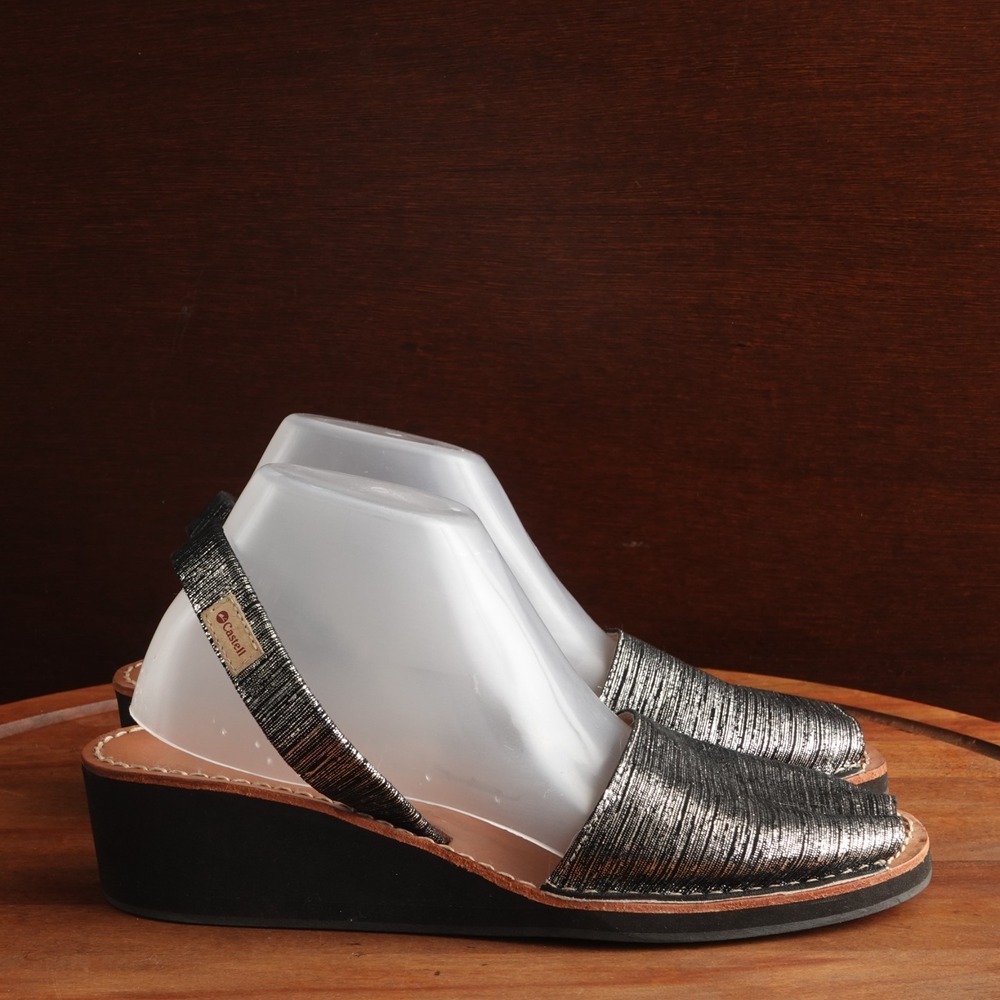 Castell Sandal WMS SZ EU 42 US 12 BLK Silver Metallic Wedge Slip On Coastal Shoe